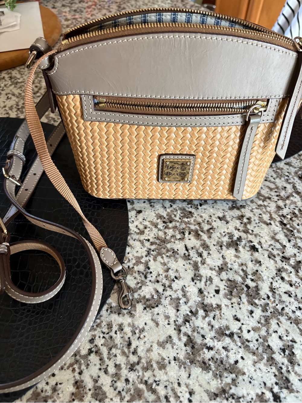 Dooney & Bourke Beige Woven Crossbody with Taupe Trim